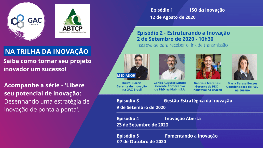 Estruturando a Inovação - Webinar 02/09 10h30, em parceria com a ABTCP. Com os convidados das empresas Klabin, Bracell e Suzano.